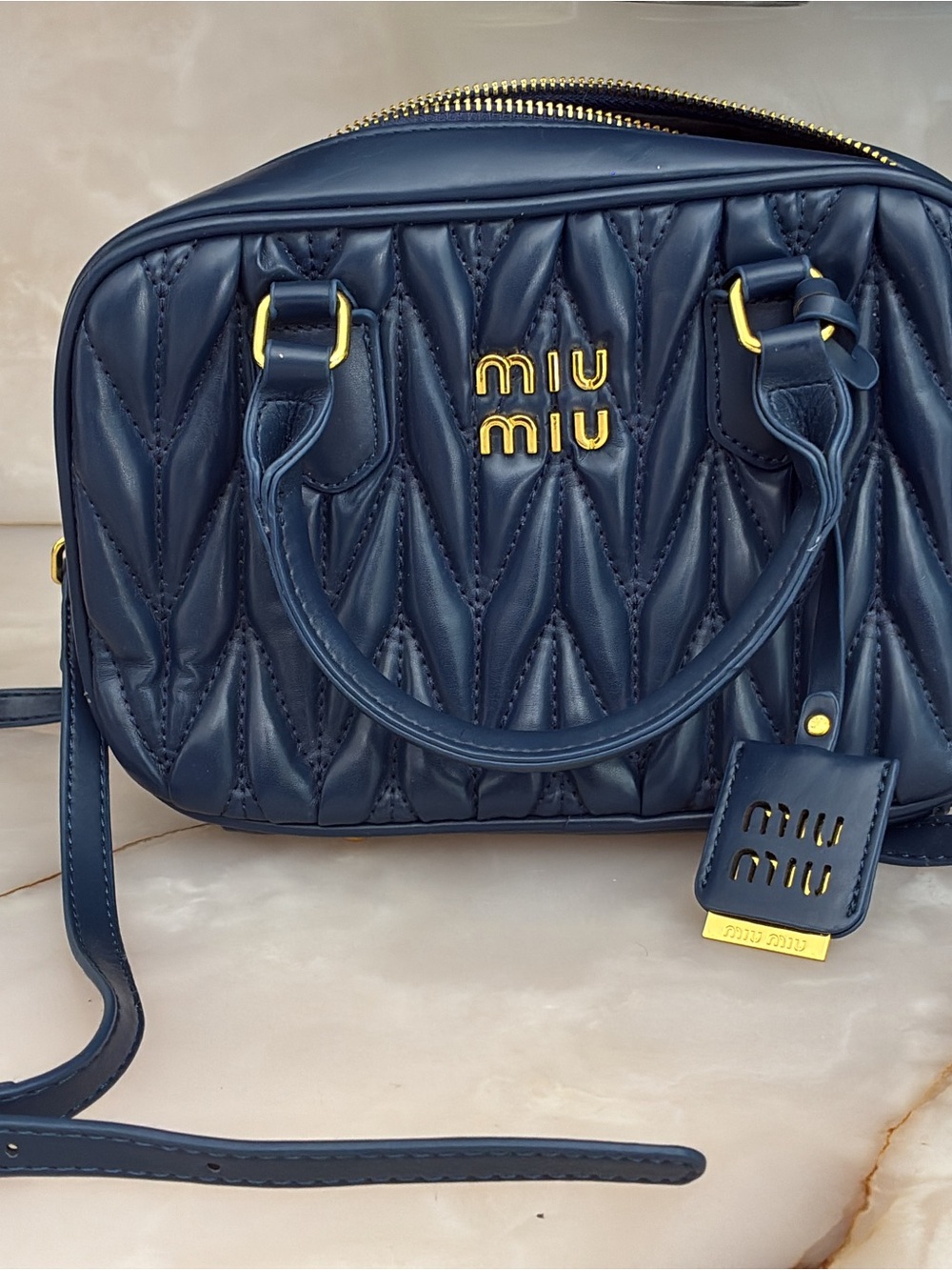 Miu Miu Navy Quilted Matelassé Leather Shoulder Bag with Gold Hardware